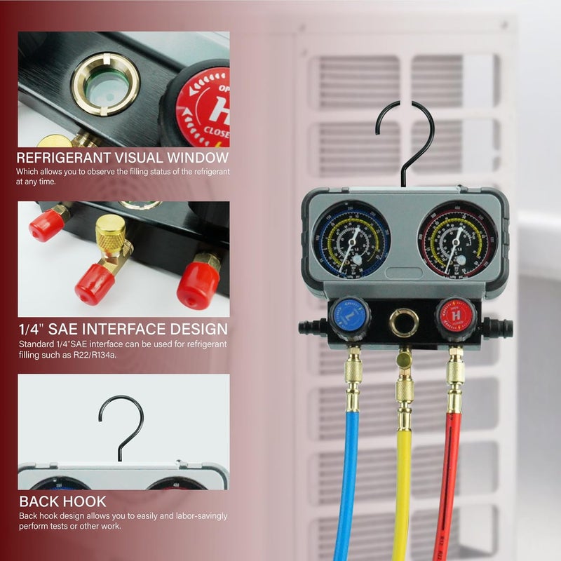CALPOSE 3 Way AC Gauge Set，HVAC Gauges for R134a R410a R12 R22 R502 Refrigerant，Refrigerant Gauge Kit with 5FT Hoses，Anti-Collision Dial，R410a Adapter，Puncturing Can Tap - Image 4